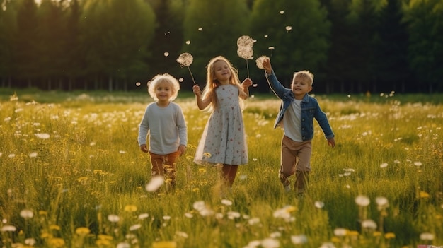 Gruppo multietnico di piccoli amici con sorrisi a trentadue denti sui loro volti che si godono la calda giornata di sole mentre