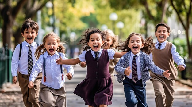 Gruppo multietnico di scolari che ridono e giocano sullo sfondo del parco per la giornata dei bambini Generativo ai