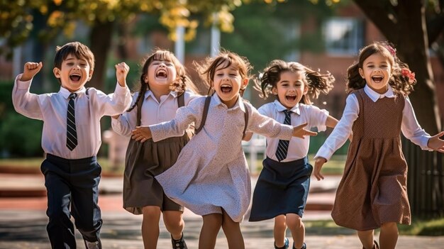 Gruppo multietnico di scolari che ridono e giocano sullo sfondo del parco per la giornata dei bambini Generativo ai