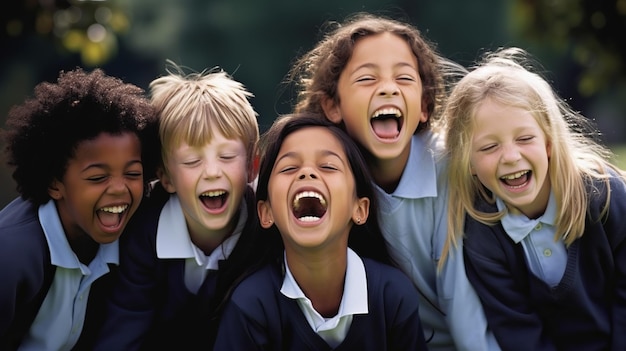 Gruppo multietnico di scolari che ridono e giocano sullo sfondo del parco per la giornata dei bambini Generativo ai