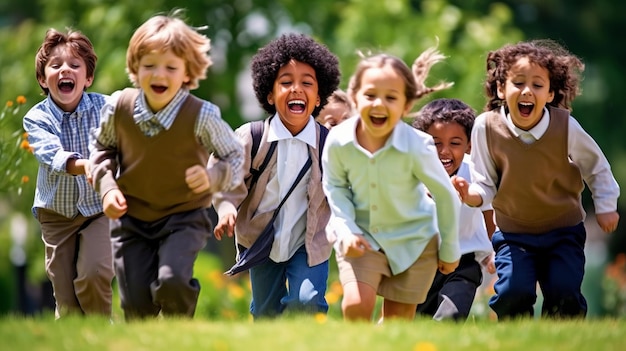 Gruppo multietnico di scolari che ridono e giocano sullo sfondo del parco per la giornata dei bambini Generativo ai