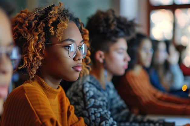 Gruppo multietnico di studenti femminili e maschi seduti in una sala universitaria che collaborano su