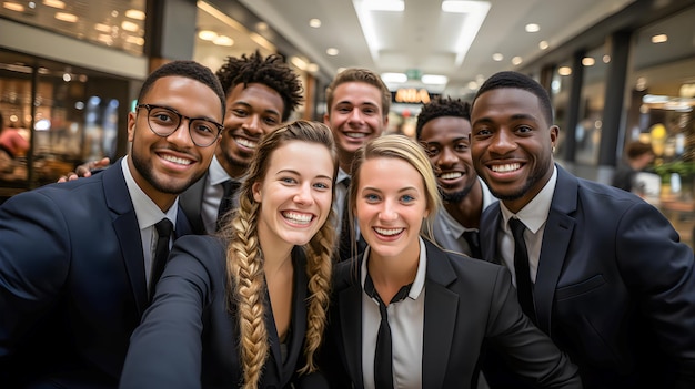Gruppo multirazziale di giovani imprenditori sorridenti e felici in abito che si fanno un selfie Imprenditori futuri e candidati all'MBA