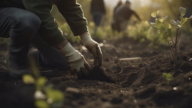 Gruppo Persone che piantano piantine nel giardino primaverile Fuoco selettivo AI generato