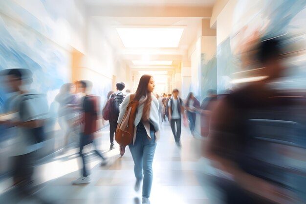 gruppo sfocato di giovani studenti che vanno in classe in rapido movimento