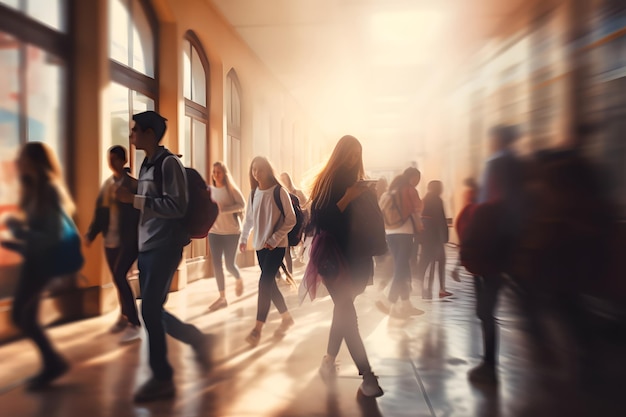 gruppo sfocato di giovani studenti che vanno in classe in rapido movimento