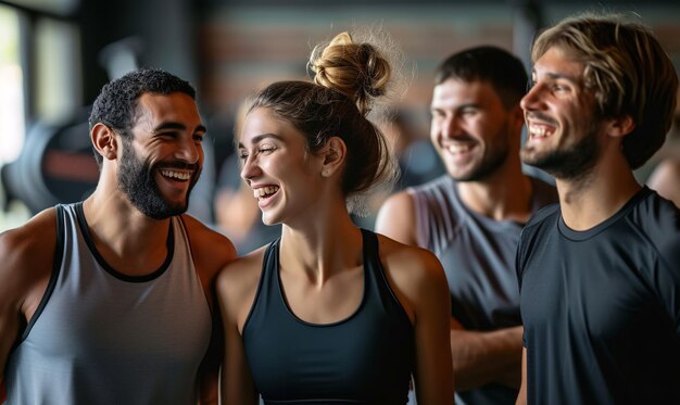 Gruppo sorridente di amici sportivi in abbigliamento sportivo che ridono mentre stanno insieme in palestra