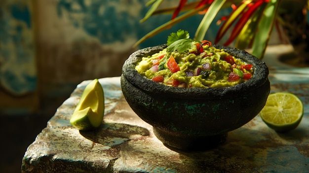 Guacamole fresco al vapore in una ciotola di pietra con patatine di tortilla