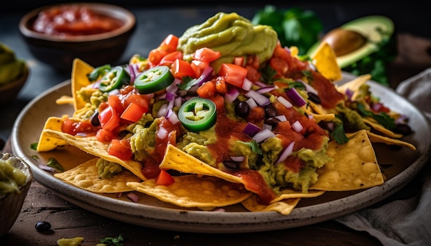 Guacamole fresco e pomodoro su tortilla croccante generata da AI