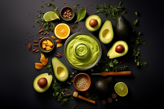 Guacamole in lavorazione Visto dall'alto di avocado a metà pronti per la preparazione