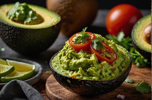 Guacamole servito in un guscio di avocado con guarnizioni