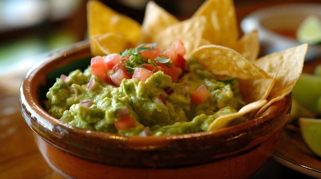 Guacamole tradizionale messicano in un Molcajete con Tortilla Chips