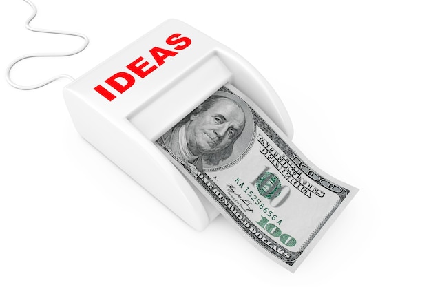 Guadagna con il concetto di idee. Money Maker Ideas Machine con banconote in dollari su sfondo bianco. Rendering 3D