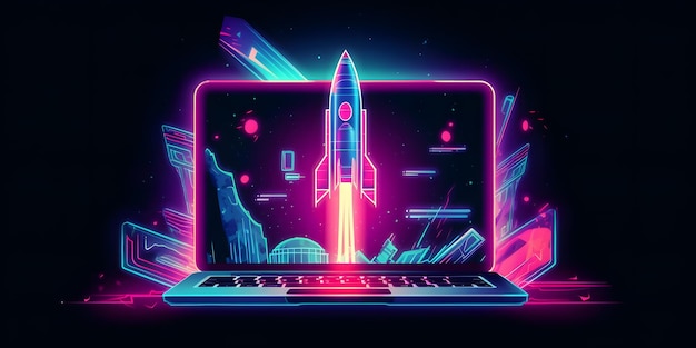 Guadagnare soldi online lavorando nel business digitale imprenditorialità criptovaluta investimento marketing digitale Laptop con un razzo che decolla IA generativa Retrowave colore e stile