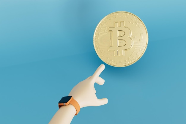 Guadagno su criptovaluta la mano su cui lo smartwatch raggiunge per il rendering 3D della moneta bitcoin