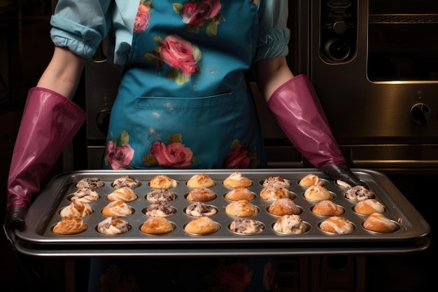 Guanti da forno che tengono un vassoio caldo di muffin