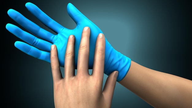 guanti per mani umane con effetti di coronavirus rendering 3d