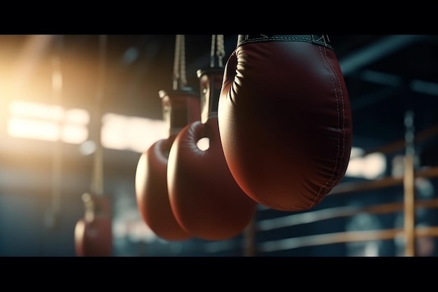 Guantoni da boxe appesi a un muro in una palestra