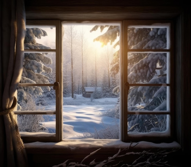 Guarda attraverso la finestra di un cottage in una foresta invernale coperta di neve creata con la tecnologia Generative AI