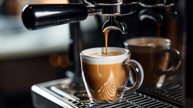 Guarda da vicino il processo di preparazione del caffè fresco facendo caffè da una macchina in un caffè barista di casa