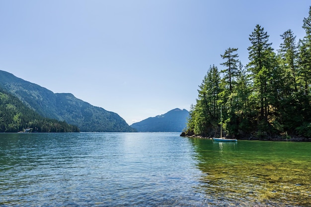 Guarda dalla riva al lago Harrison british columbia Canada terra verde acqua blu e cielo