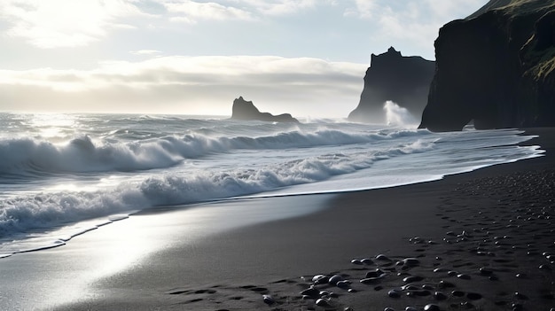 Guarda le onde del mare atlantico del litorale di sabbia fioca in Islanda Generato dall'intelligenza artificiale