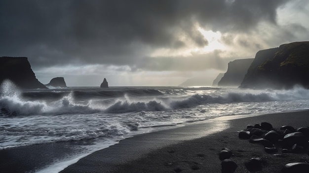 Guarda le onde del mare atlantico del litorale di sabbia fioca in Islanda Generato dall'intelligenza artificiale