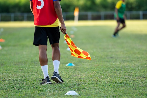 Guardalinee o assistente arbitro di calcio o calcio che tiene bandiera nel campo di calcio