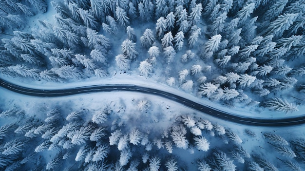 Guardando giù da sopra vediamo una strada sinuosa in mezzo a una foresta coperta di neve il suo percorso seguendo le curve della natura