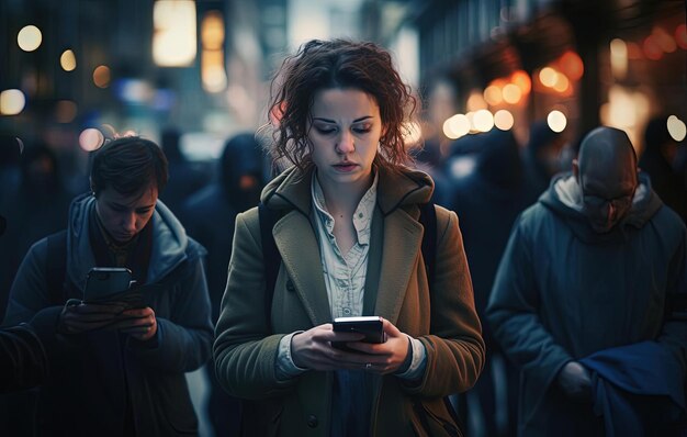 guardando il suo telefono una donna sta piangendo in una strada trafficata della città