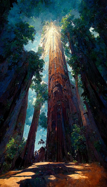 Guardando un'imponente illuminazione drammatica dell'albero di sequoia