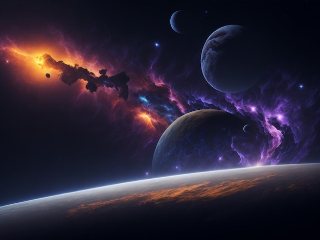 Guardare i pianeti dallo spazio con sfondo scuro, luce cinematografica e il sole Concept art di pittura
