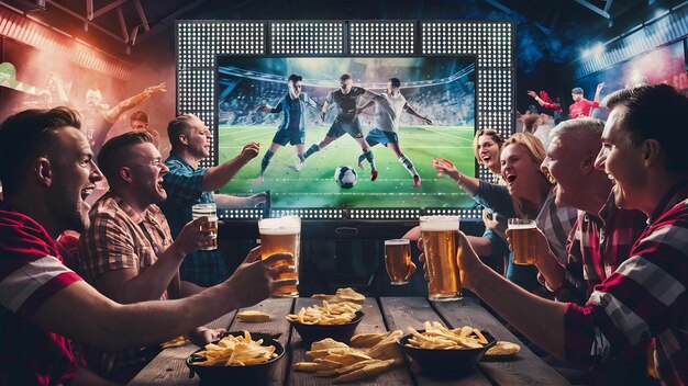 Guardare il concetto di calcio con birra e patatine