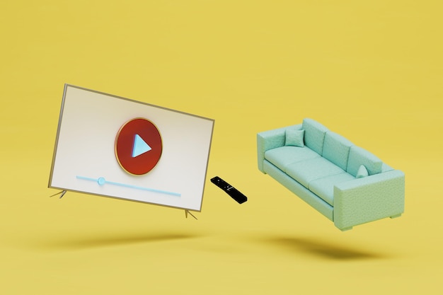 Guardare video sul telecomando del divano TV e sulla smart TV su un rendering 3D di sfondo giallo