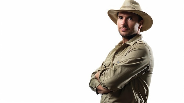 Guardiano dello zoo in uniforme khaki con un cappello safari isolato su sfondo bianco