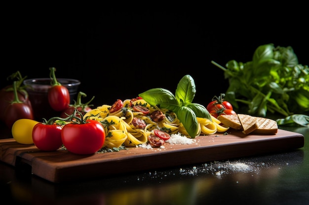 Guarnizione di basilico e erbe sulla tavola di legno nera sullo sfondo piatto di deliziosa pasta italiana al buio