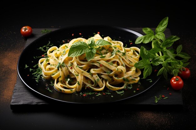 Guarnizione di basilico e erbe sulla tavola di legno nera sullo sfondo piatto di deliziosa pasta italiana al buio