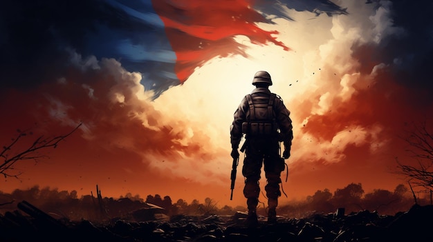 Guerra in Francia ombra di soldati sul campo di battaglia sulla bandiera sporca Francia concetto di crisi di guerra in Francia IA generativa