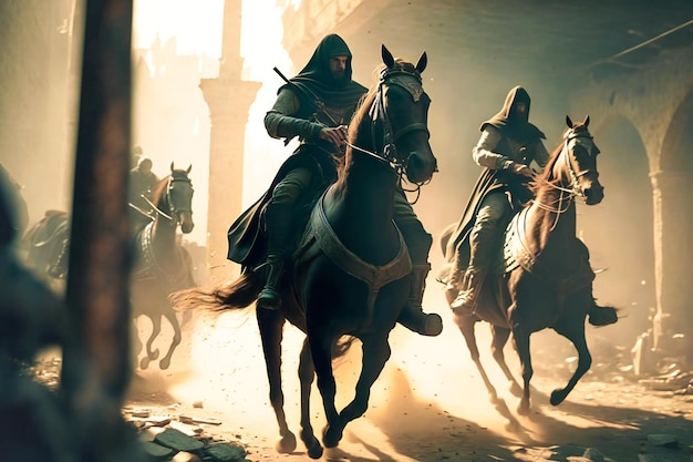 Guerrieri a cavallo al galoppo tra le macerie di una città valorosi soldati musulmani preparati alla battaglia