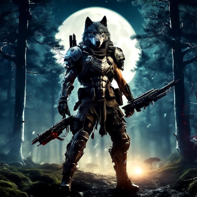Guerriero lupo in armatura con armi futuristiche con una notte illuminata dalla luna piena nella foresta spaventosa 4K