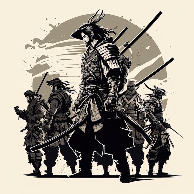 Guerriero samurai con spada katana Ronin samurai contro cinque nemici circondati per combattere l'IA generativa in stile fumetto