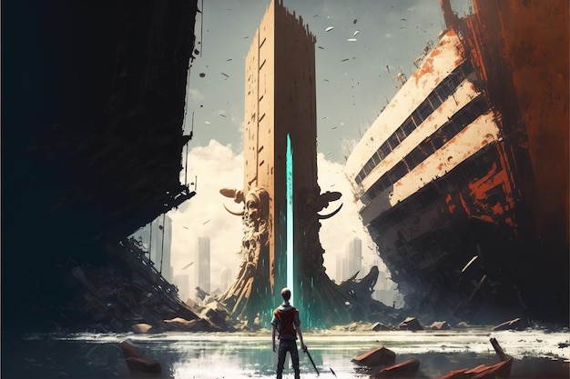 Guerriero vicino alla spada gigante Un guerriero in piedi al porto abbandonato e guardando la spada gigante rotta Pittura illustrativa in stile arte digitale