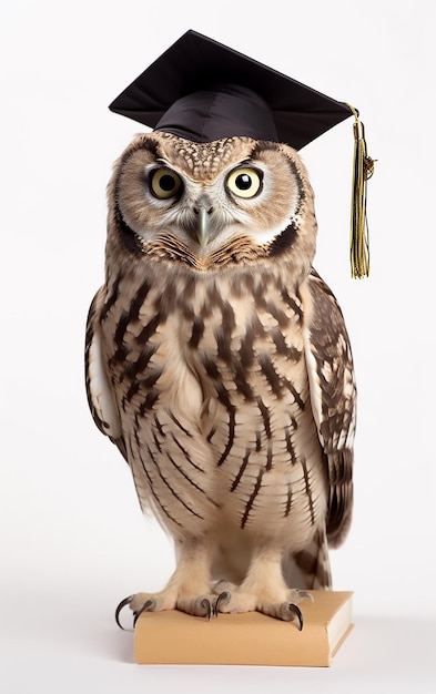 Gufo che indossa un berretto da laurea con una nappa sopra.