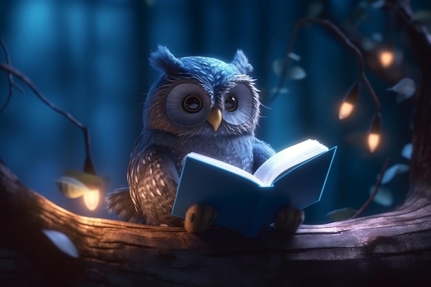 Gufo che legge un libro su un albero di notte Imparando AI generativa