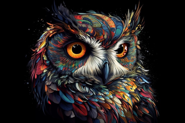 gufo colorato con occhi colorati su sfondo nero illustrazione di arte digitale