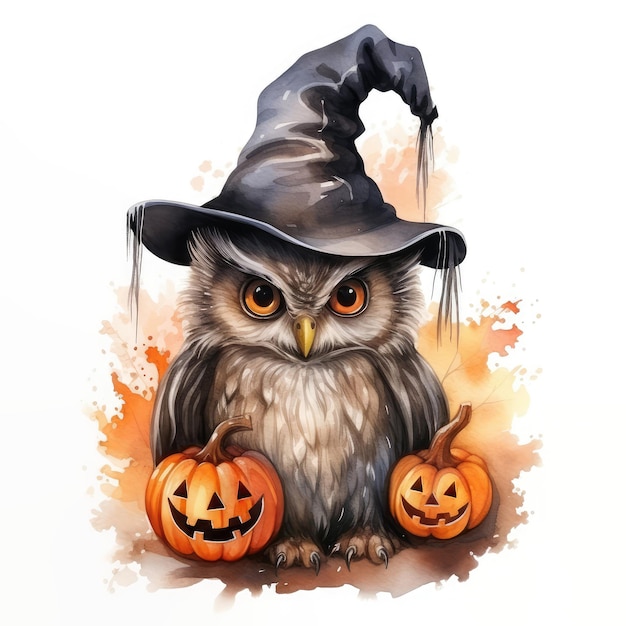 Gufo con un cappello da strega con zucche illustrazione di Halloween