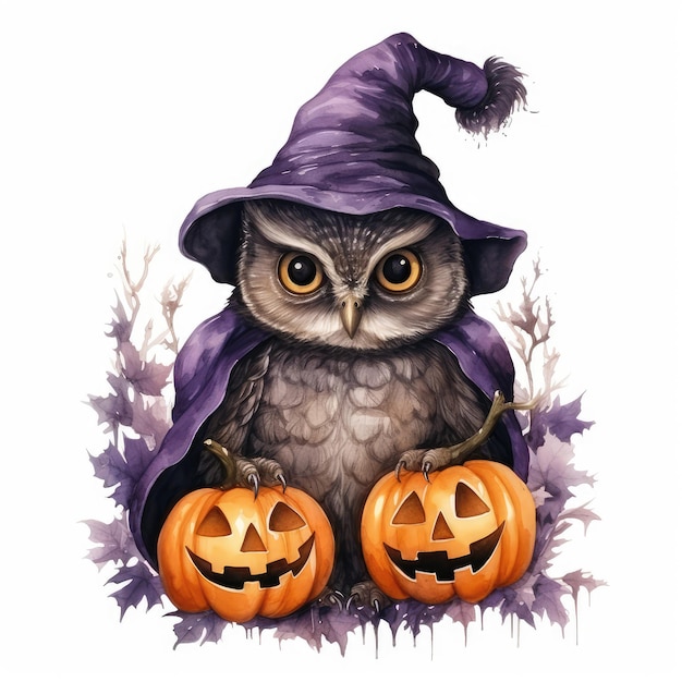 Gufo con un cappello da strega con zucche illustrazione di Halloween