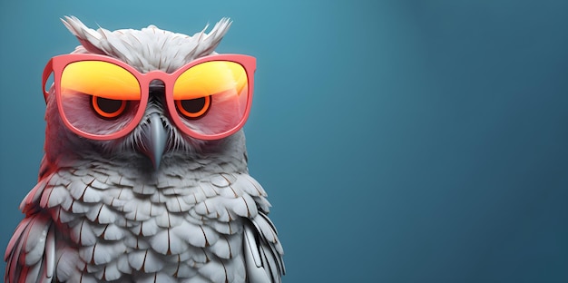 Gufo conceptan animale creativo che indossa occhiali da sole su sfondo blu
