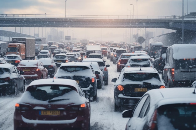 Guida di auto su strade innevate e scivolose Incidenti di trasporto durante la stagione invernale Ingorgo stradale a causa di nevicate in città