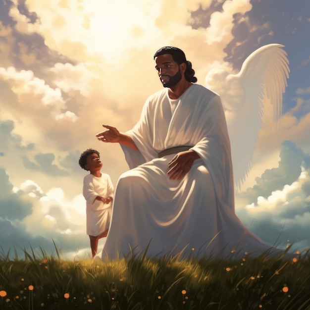 Guida divina Un incontro celeste di amore e misericordia mentre Dio veglia su un bambino nero in una serena